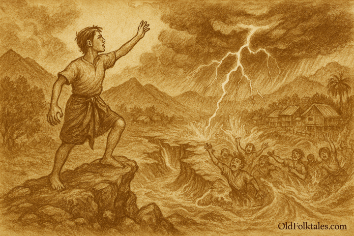 sepia-toned parchment-style illustration of The Legend of Lake Maninjau. It captures the dramatic moment when Giran stands atop the cliff, invoking nature’s justice as lightning splits the sky and floodwaters surge through the valley sweeping away his deceitful siblings and transforming the land into a serene lake. The inscription OldFolktales.com appears at the bottom right
