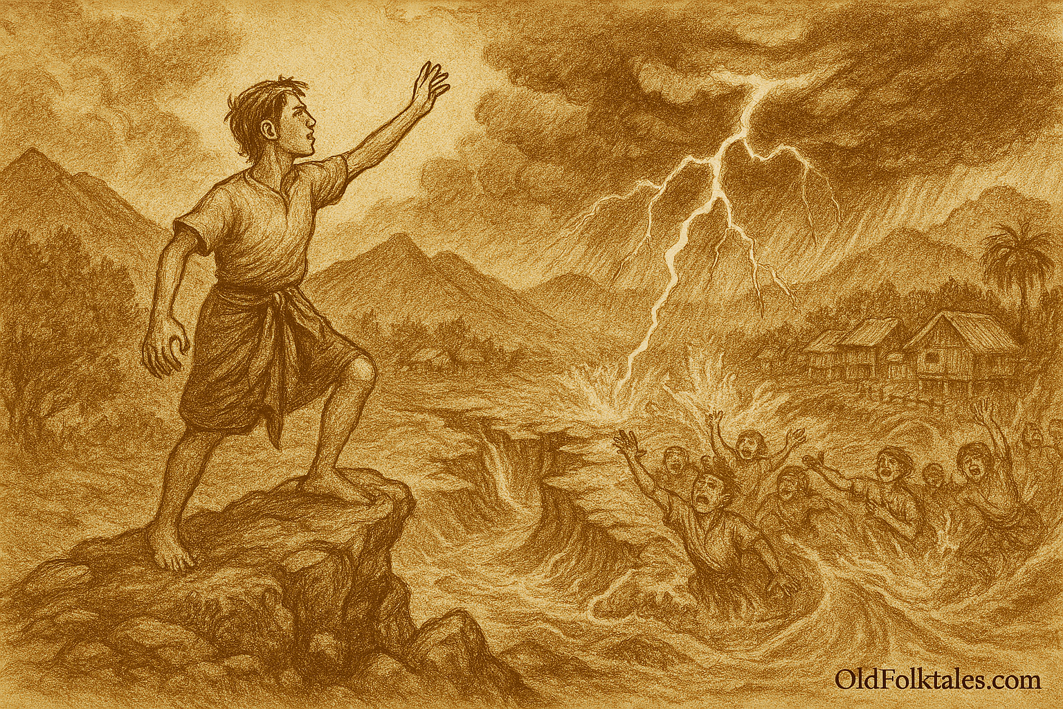 sepia-toned parchment-style illustration of The Legend of Lake Maninjau. It captures the dramatic moment when Giran stands atop the cliff, invoking nature’s justice as lightning splits the sky and floodwaters surge through the valley sweeping away his deceitful siblings and transforming the land into a serene lake. The inscription OldFolktales.com appears at the bottom right