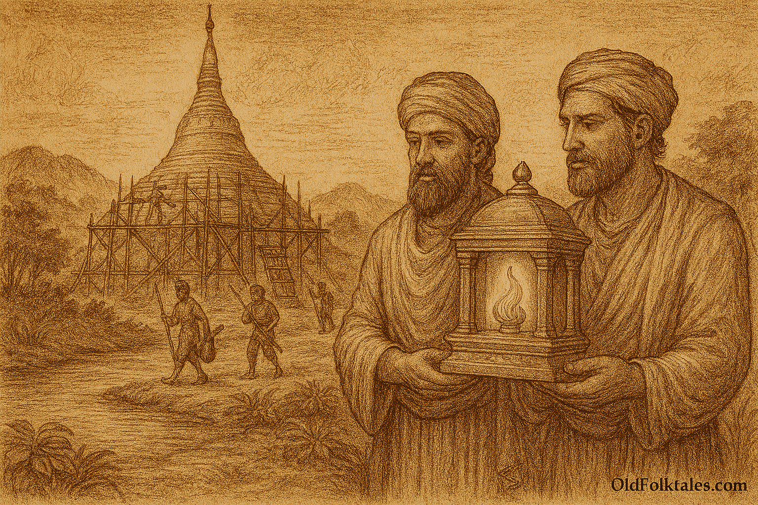 Sepia-toned parchment illustration depicting the sacred journey of Tapussa and Bhallika from the Myanmar legend. In the foreground, two bearded brothers in ancient robes carry a glowing relic shrine with reverent expressions. Behind them, the Shwedagon Pagoda rises on Singuttara Hill, surrounded by scaffolding and workers constructing its golden tiers. Misty hills and trees frame the background, evoking a sense of spiritual destiny and divine guidance. “OldFolktales.com” is inscribed at the bottom right.