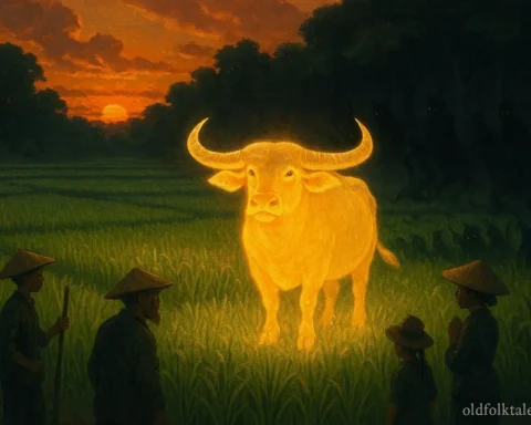 A glowing golden buffalo protects farmers from dark spirits in a Vietnamese rice field.