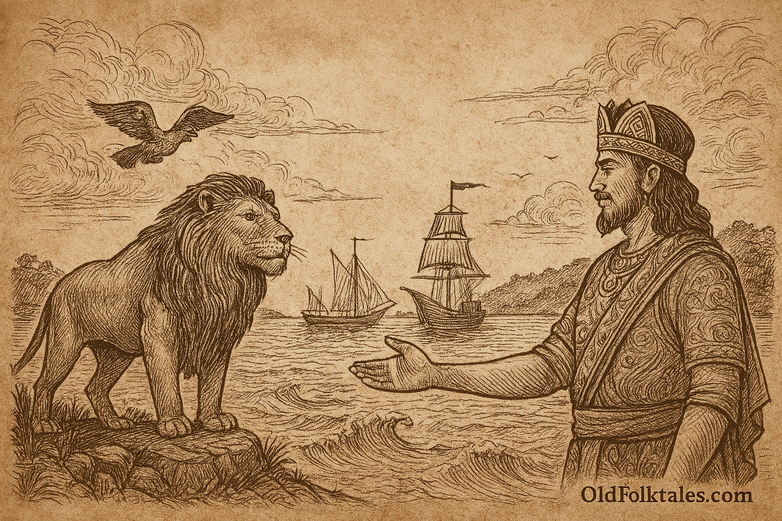 Sepia-toned illustration on aged parchment showing Sang Nila Utama, a Srivijayan prince, standing on a rocky shore facing a majestic lion. The prince wears ornate royal robes and a crown, with one hand extended toward the lion in a gesture of awe and recognition. Behind him, three traditional Malay ships sail on calm waters under a cloudy sky. A bird soars above the lion, and a tree-covered island with rolling hills appears in the distance. “OldFolktales.com” is inscribed in the bottom right corner.