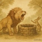 Parchment-style illustration of the Lion roaring into a well as the Hare watches, Sri Lankan folktale.