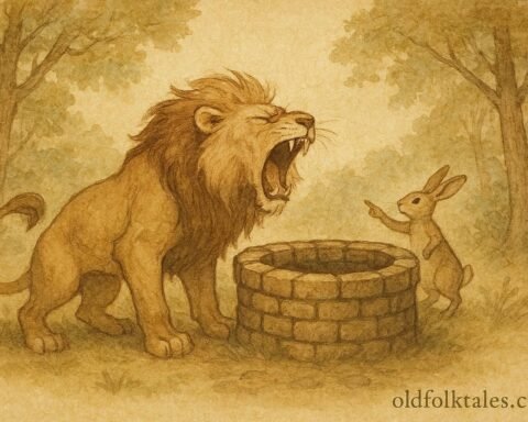 Parchment-style illustration of the Lion roaring into a well as the Hare watches, Sri Lankan folktale.