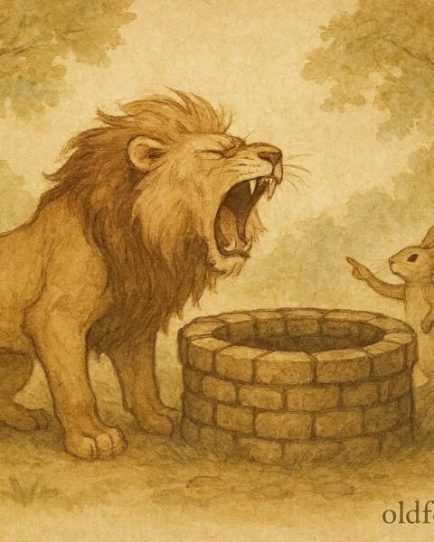 Parchment-style illustration of the Lion roaring into a well as the Hare watches, Sri Lankan folktale.