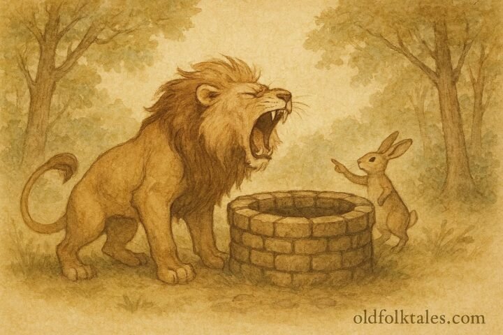 Parchment-style illustration of the Lion roaring into a well as the Hare watches, Sri Lankan folktale.