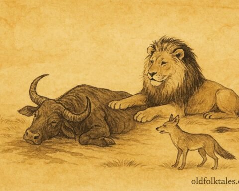 Parchment-style illustration of the Lion and Jackal at the Buffalo carcass in a Sinhalese folktale.