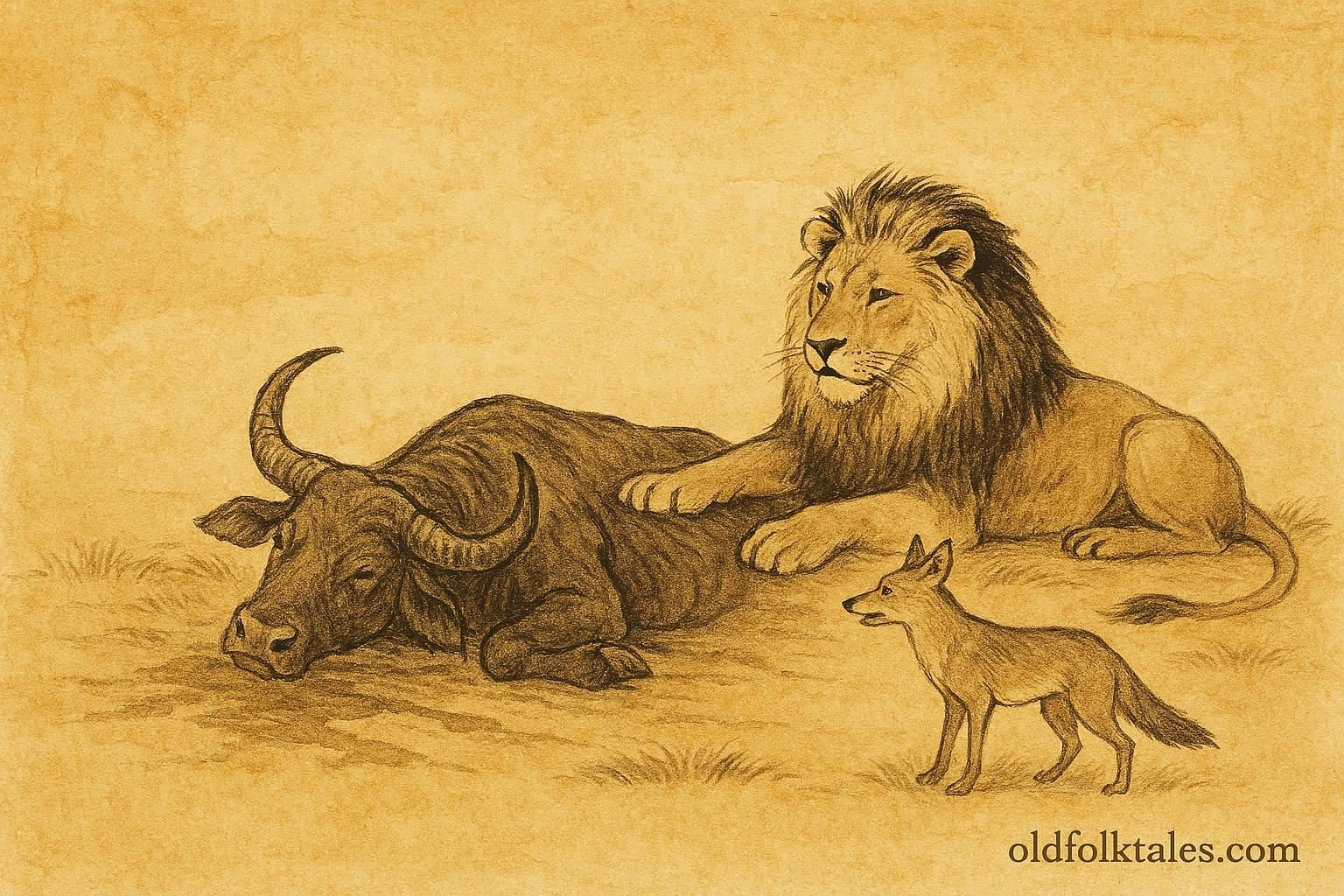 Parchment-style illustration of the Lion and Jackal at the Buffalo carcass in a Sinhalese folktale.