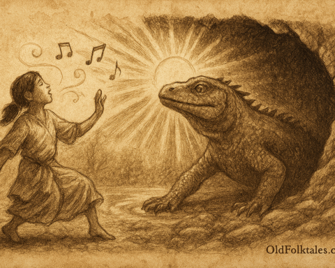 alt text Sepia-toned illustration on aged parchment shows a young Timorese girl named Bui singing and dancing at the mouth of a dark mountain cave. Her arms are raised gracefully, and musical notes swirl from her mouth into the air. Tears of joy stream down her face as she moves in rhythm. Emerging from the cave is a colossal lizard with shimmering scales, its massive head tilted in fascination as it watches her. Behind the creature, rays of sunlight spill across the mountainside, illuminating valleys where villagers rejoice at the return of light. “OldFolktales.com” is inscribed in the bottom right corner.