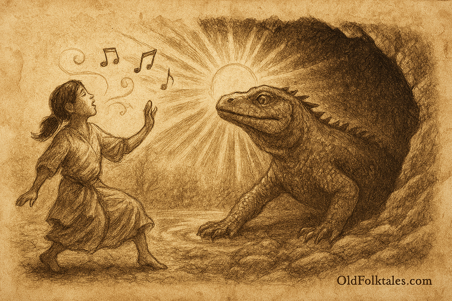 alt text Sepia-toned illustration on aged parchment shows a young Timorese girl named Bui singing and dancing at the mouth of a dark mountain cave. Her arms are raised gracefully, and musical notes swirl from her mouth into the air. Tears of joy stream down her face as she moves in rhythm. Emerging from the cave is a colossal lizard with shimmering scales, its massive head tilted in fascination as it watches her. Behind the creature, rays of sunlight spill across the mountainside, illuminating valleys where villagers rejoice at the return of light. “OldFolktales.com” is inscribed in the bottom right corner.