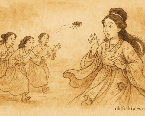 Parchment-style illustration of the flea biting the princess in a Lebanese folktale.