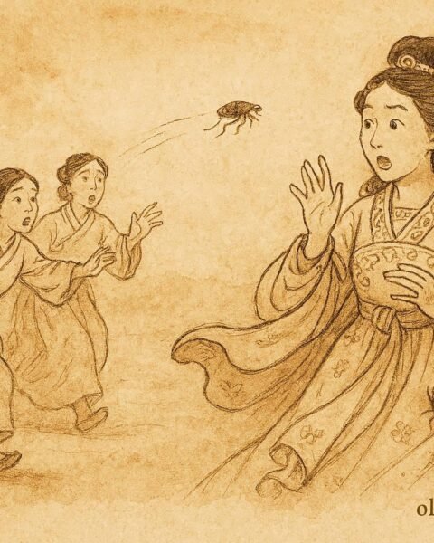 Parchment-style illustration of the flea biting the princess in a Lebanese folktale.