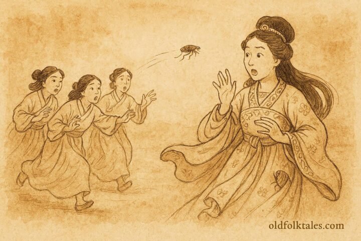 Parchment-style illustration of the flea biting the princess in a Lebanese folktale.