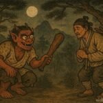 A dokkebi goblin hands a magical wooden club to a humble woodcutter in a moonlit Korean forest