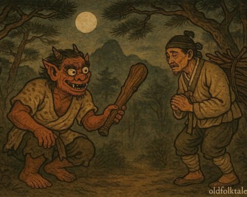 A dokkebi goblin hands a magical wooden club to a humble woodcutter in a moonlit Korean forest