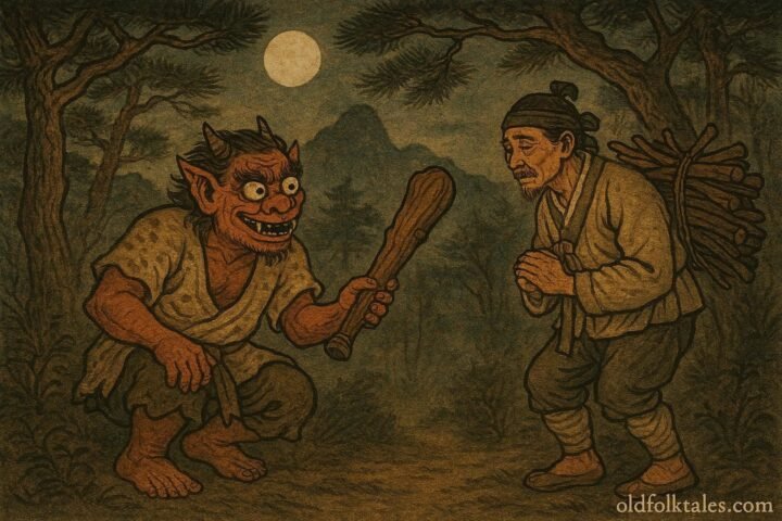 A dokkebi goblin hands a magical wooden club to a humble woodcutter in a moonlit Korean forest