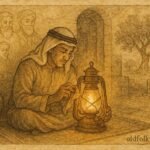 Parchment-style artwork of Fadil polishing a glowing lantern, visions of ancestors appearing, Jordanian folktale.