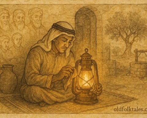 Parchment-style artwork of Fadil polishing a glowing lantern, visions of ancestors appearing, Jordanian folktale.