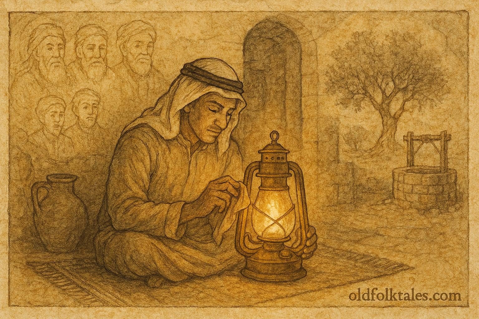 Parchment-style artwork of Fadil polishing a glowing lantern, visions of ancestors appearing, Jordanian folktale.