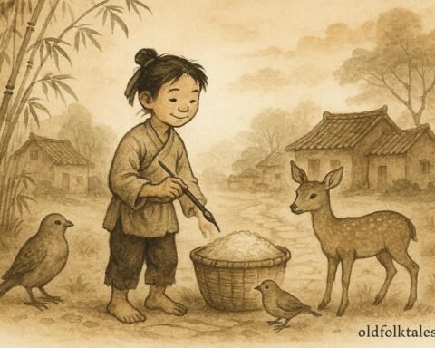 Ma Liang using a magical paintbrush to help villagers, Southern Chinese folklore.