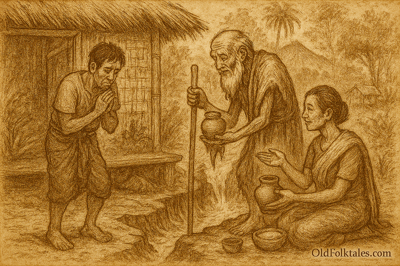 sepia-toned parchment-style illustration of The Magic Rice Jar . It captures the tender moment when the humble Lao couple offers their last meal to a mysterious traveler, who in return gifts them a miraculous clay jar glowing faintly with spiritual energy. The lush countryside, bamboo grove, and thatched hut set the scene, while OldFolktales.com is inscribed at the bottom right