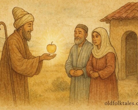 Parchment-style artwork of a glowing apple given by a dervish, Uzbek folktale scene.