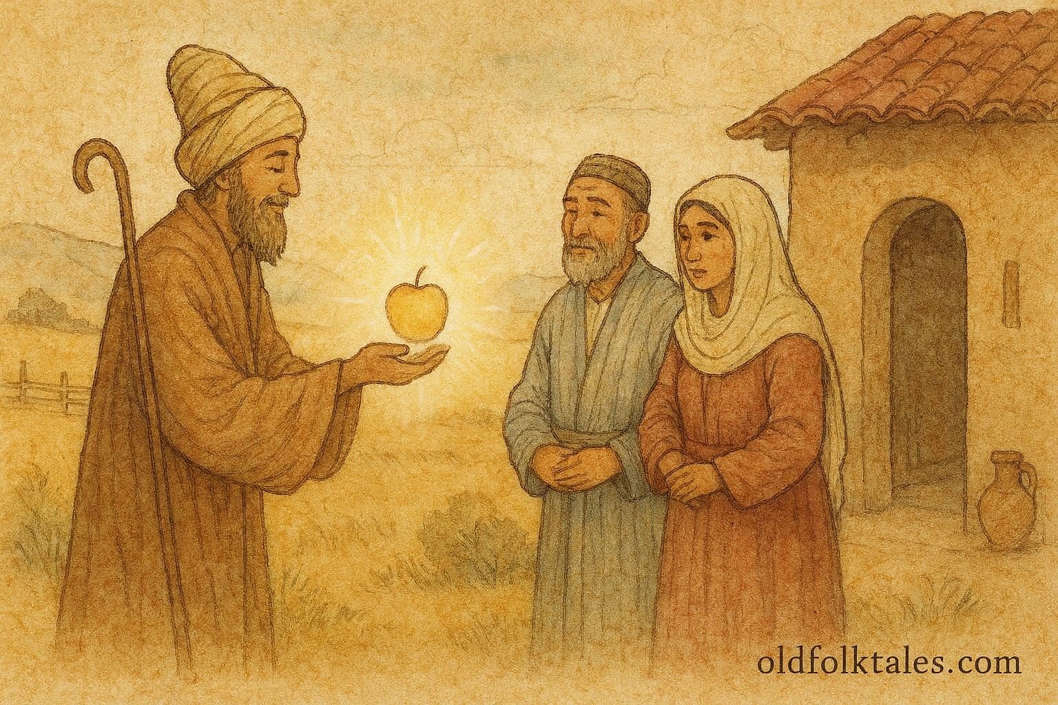 Parchment-style artwork of a glowing apple given by a dervish, Uzbek folktale scene.
