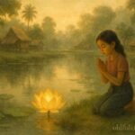 A glowing golden lotus in a village pond with a young girl kneeling beside it.