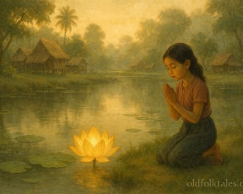 A glowing golden lotus in a village pond with a young girl kneeling beside it.