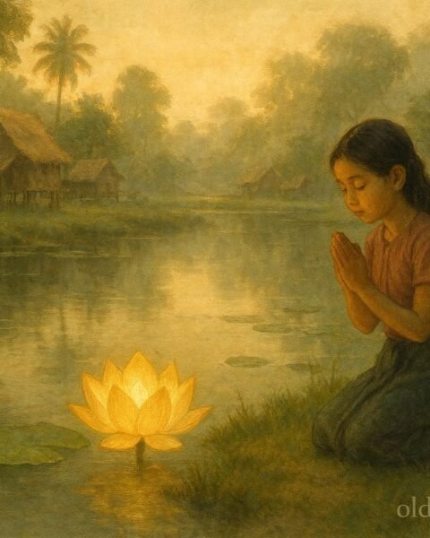A glowing golden lotus in a village pond with a young girl kneeling beside it.