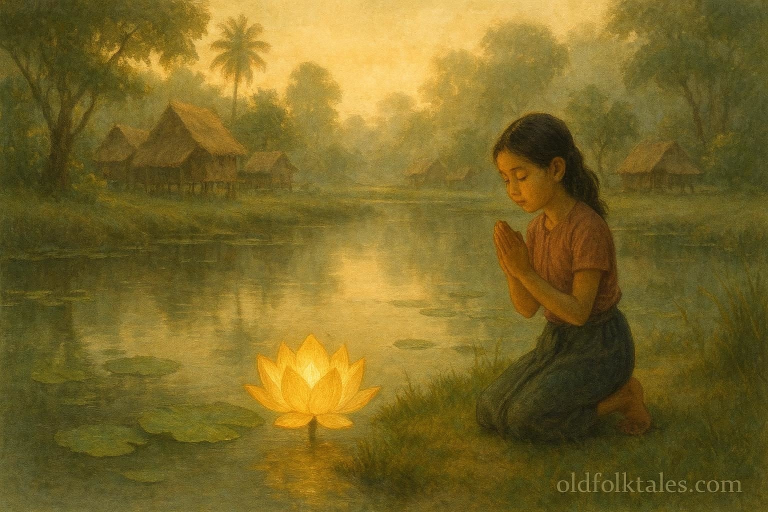 A glowing golden lotus in a village pond with a young girl kneeling beside it.