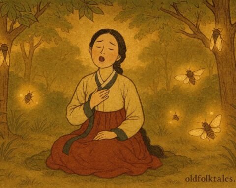 A Korean maiden singing in a forest with cicadas around her.