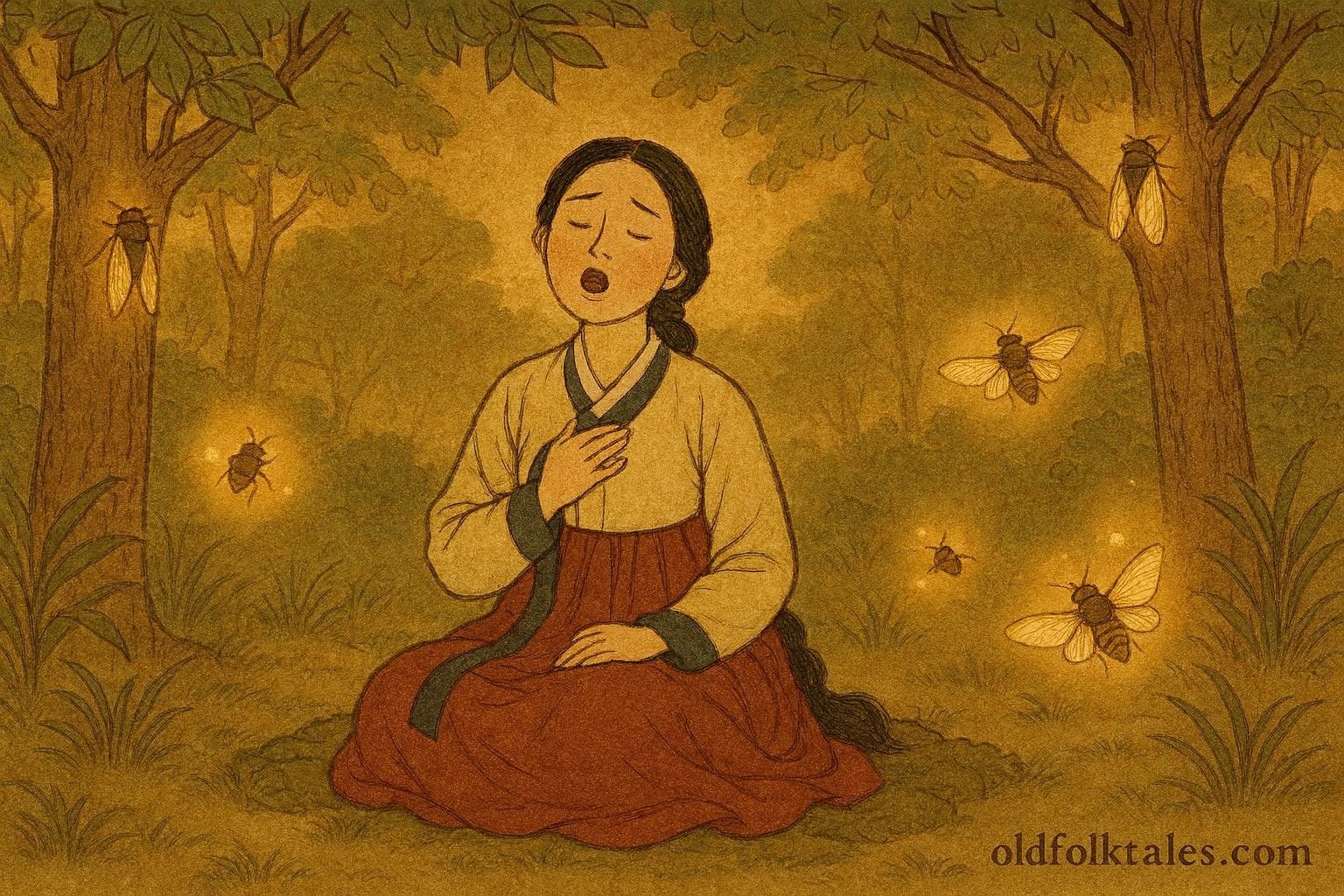A Korean maiden singing in a forest with cicadas around her.