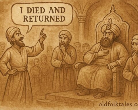 Parchment-style illustration of the liar speaking before the Sultan in a Lebanese folktale scene.