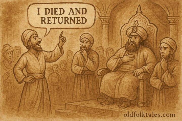 Parchment-style illustration of the liar speaking before the Sultan in a Lebanese folktale scene.