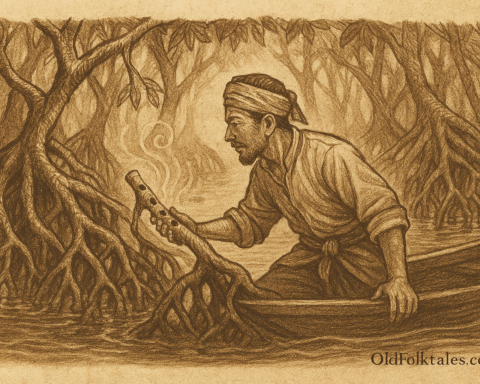 Sepia-toned illustration on aged parchment shows a fisherman crouched in a wooden boat amid dense mangrove roots in Brunei. He reaches out toward a curved mangrove root shaped like a flute, which emits swirling musical notes. The fisherman wears a traditional headwrap and rolled-up sleeves, gazing at the root in awe. Twisted branches and gnarled roots surround him, with misty foliage fading into the background. “OldFolktales.com” is inscribed in the bottom right corner.