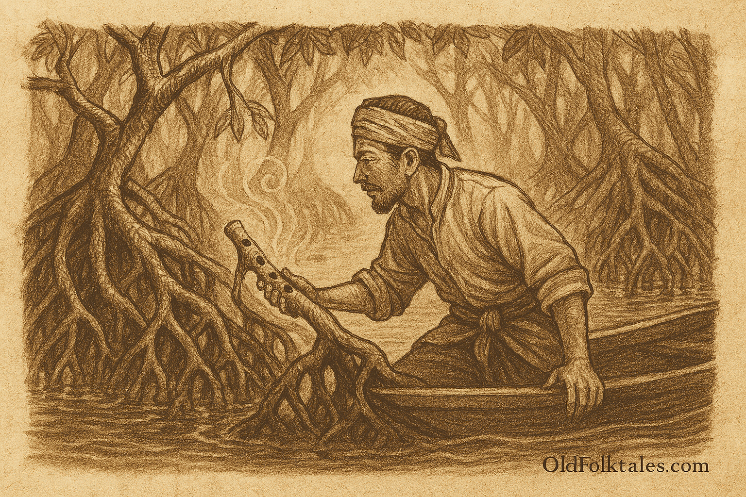 Sepia-toned illustration on aged parchment shows a fisherman crouched in a wooden boat amid dense mangrove roots in Brunei. He reaches out toward a curved mangrove root shaped like a flute, which emits swirling musical notes. The fisherman wears a traditional headwrap and rolled-up sleeves, gazing at the root in awe. Twisted branches and gnarled roots surround him, with misty foliage fading into the background. “OldFolktales.com” is inscribed in the bottom right corner.