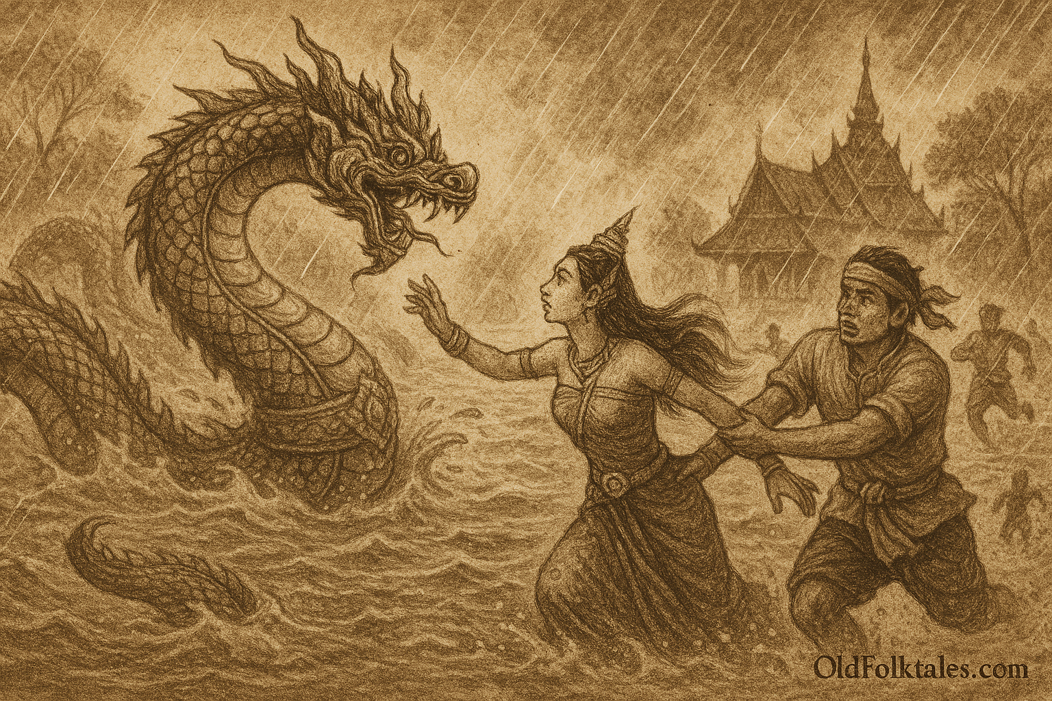 Sepia-toned parchment illustration of a Cambodian naga legend showing a massive serpent spirit rising from floodwaters during a divine storm. A Khmer princess in traditional attire reaches out in sorrow toward the naga, while a man pulls her back protectively. Villagers flee through the rising waters, and a temple looms in the background beneath heavy rain. The scene evokes themes of forbidden love, sacrifice, and the mythical birth of the Mekong River. “OldFolktales.com” is inscribed at the bottom right.