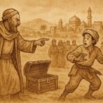 Parchment-style illustration of the Qatari merchant exposing the thief using a riddle in a desert folktale scene.