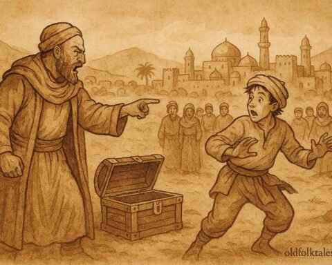 Parchment-style illustration of the Qatari merchant exposing the thief using a riddle in a desert folktale scene.