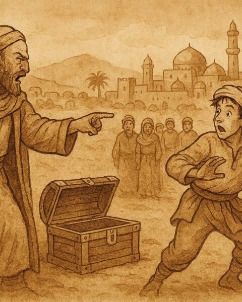 Parchment-style illustration of the Qatari merchant exposing the thief using a riddle in a desert folktale scene.