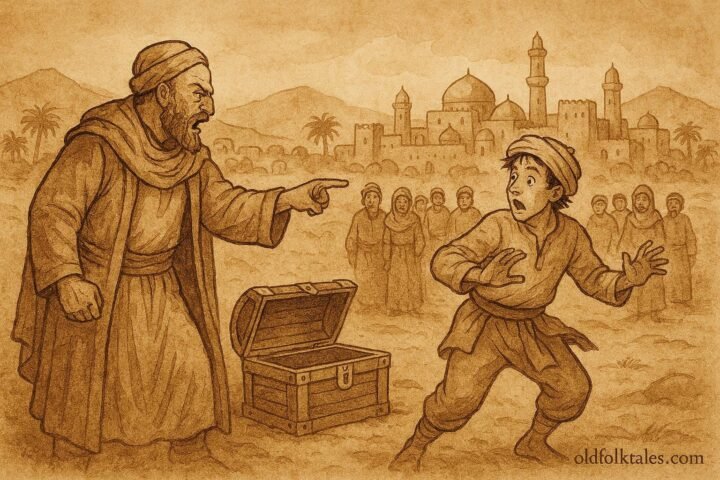 Parchment-style illustration of the Qatari merchant exposing the thief using a riddle in a desert folktale scene.
