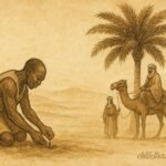 Parchment-style illustration of Mubarak and the date palm, Kuwaiti folktale scene.