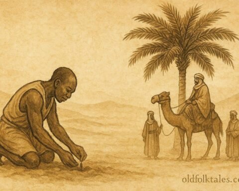 Parchment-style illustration of Mubarak and the date palm, Kuwaiti folktale scene.