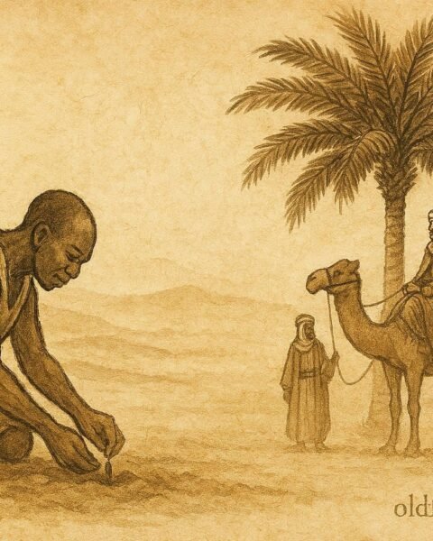 Parchment-style illustration of Mubarak and the date palm, Kuwaiti folktale scene.