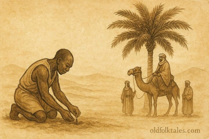 Parchment-style illustration of Mubarak and the date palm, Kuwaiti folktale scene.