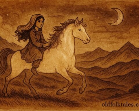 Parchment-style artwork of Laila riding a glowing magical horse across Pashtun hills, Afghan folktale scene.
