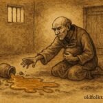 Parchment-style scene of a miser watching his broken honey jar in an Israeli folktale.