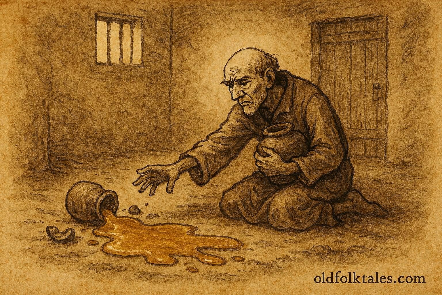 Parchment-style scene of a miser watching his broken honey jar in an Israeli folktale.