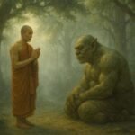 A Buddhist monk chanting calmly as a transformed ogre kneels in a peaceful forest clearing