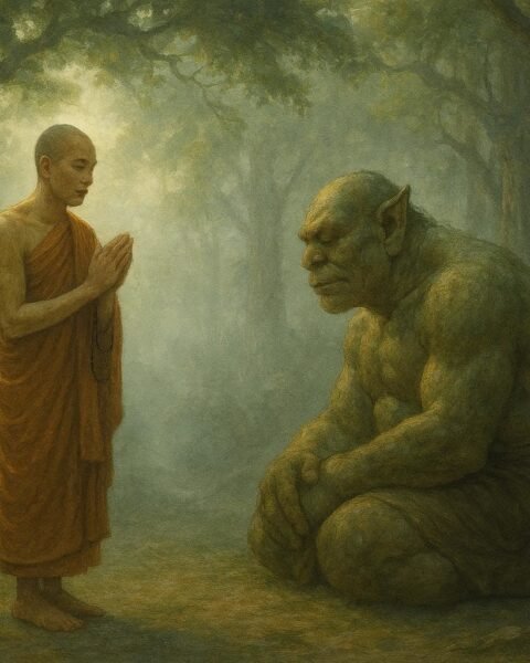 A Buddhist monk chanting calmly as a transformed ogre kneels in a peaceful forest clearing